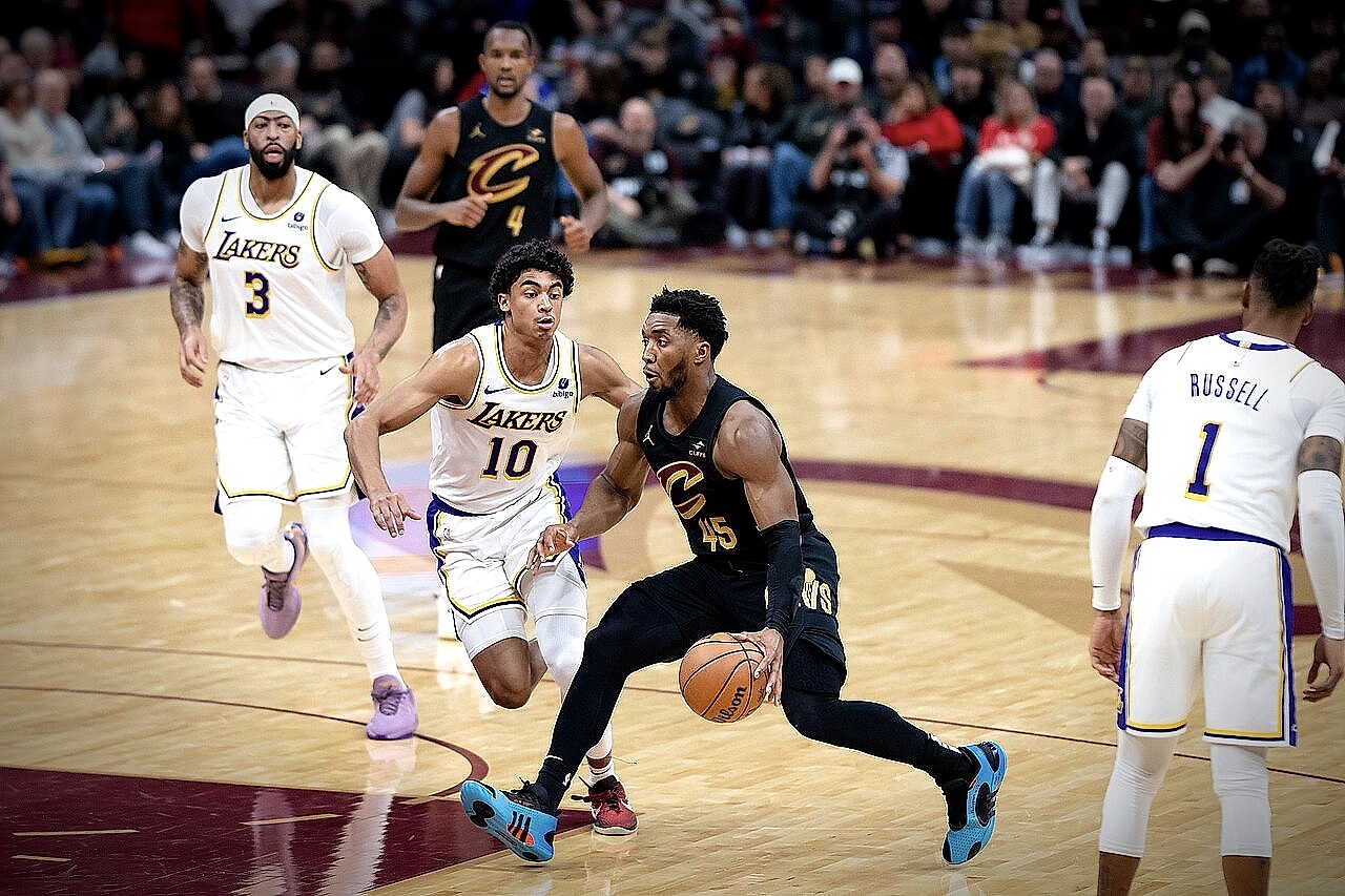 Donovan Mitchell of the Cleveland Cavaliers dribbling during a game at Rocket Mortgage FieldHouse