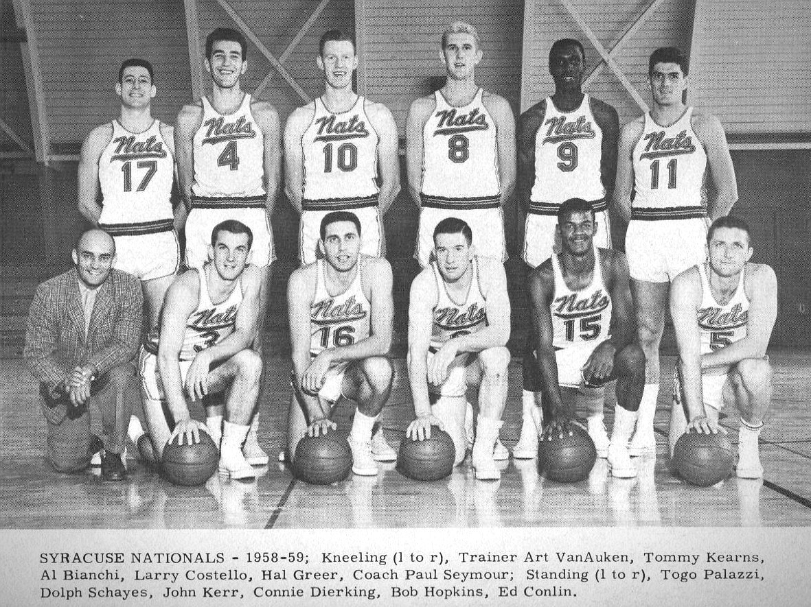 The 1958-59 Syracuse Nationals, playing in the era before the NBA illegal defense rule enacted in 1981 to discourage zone defense