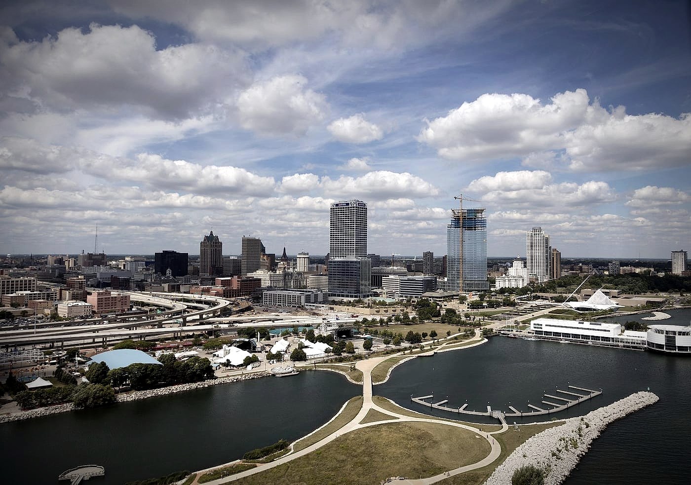 Aerial view of downtown Milwaukee, Wisconsin, along the Lake Michigan shoreline