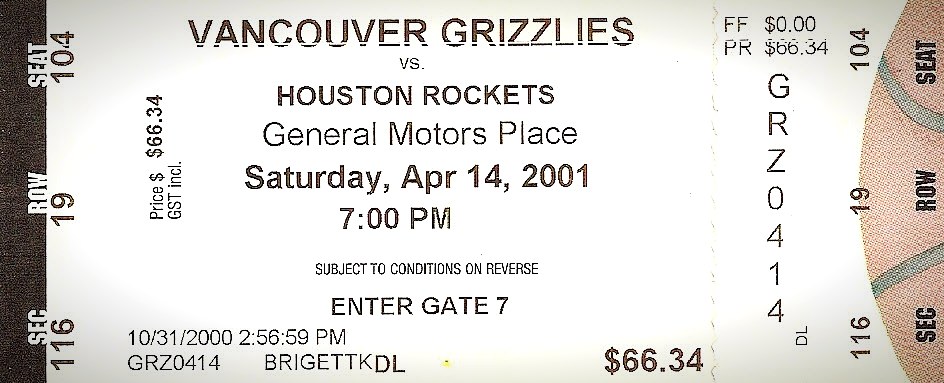 Ticket from a Houston Rockets at Vancouver Grizzlies game on April 14, 2001